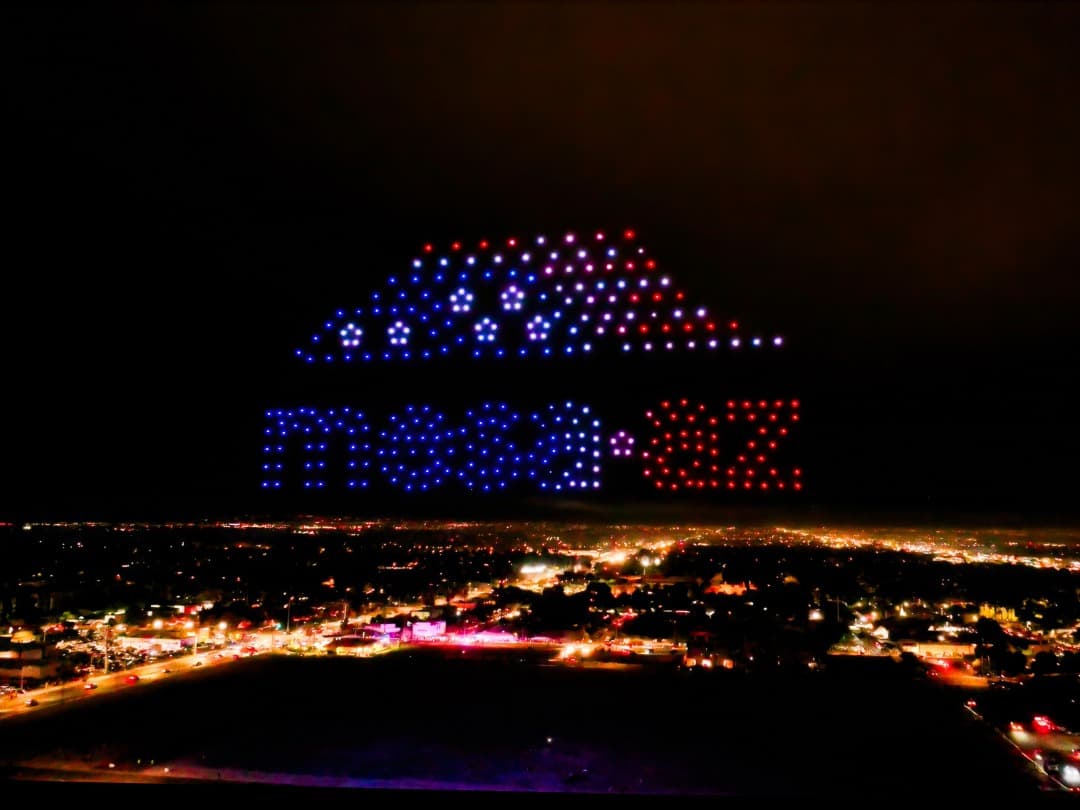 A red, white, and blue eagle formation from the City of Mesa’s July 4th 2026 drone light show, 300 drones