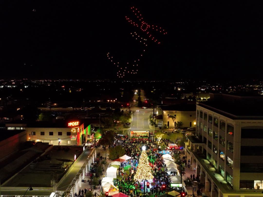 Merry Main Street drone light show in Mesa, Arizona, designed by ASU students